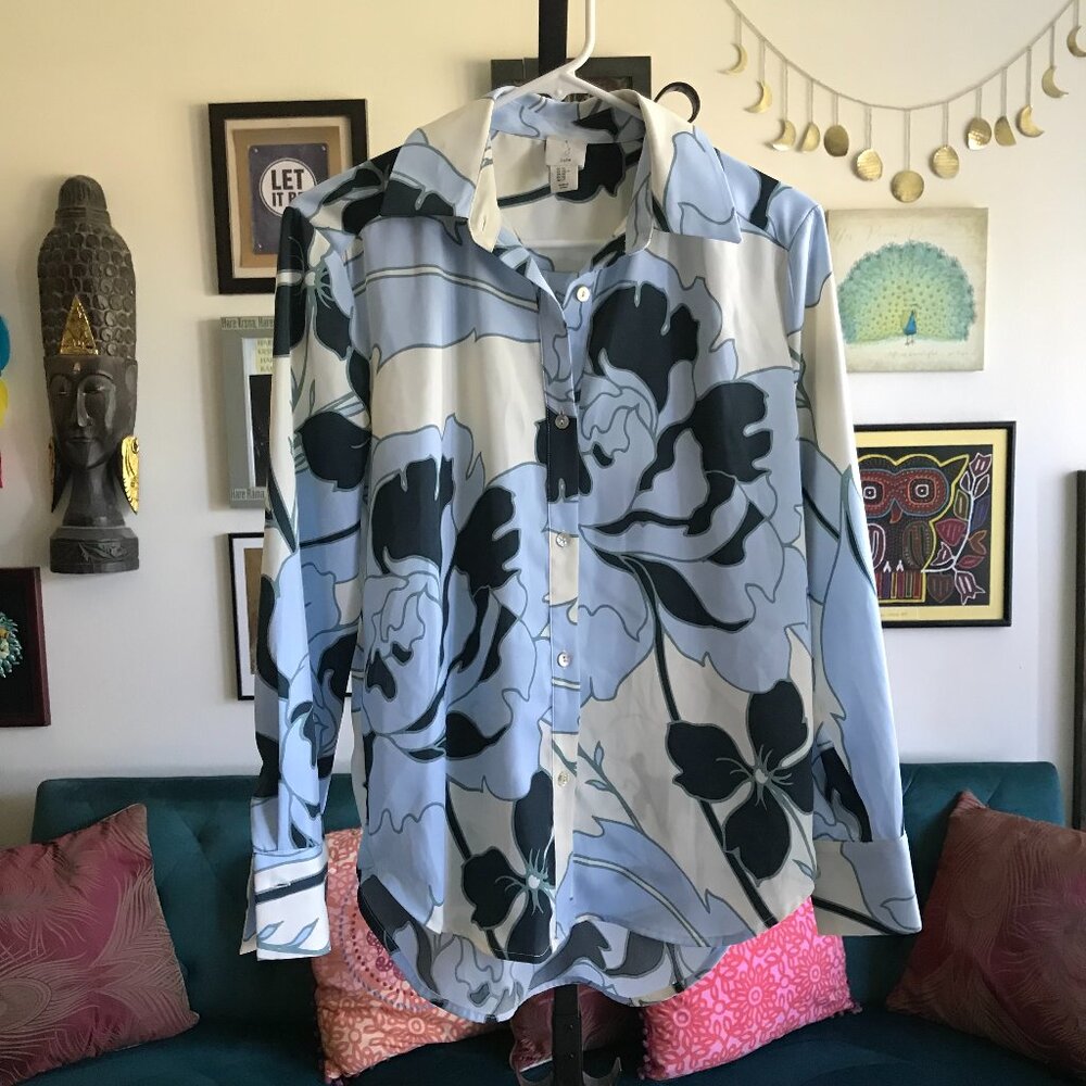 JOIE size XS Blue & Cream Floral Print Button Front Shirt Blouse Career